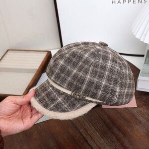 Plaid Brown Cap with Fur Trim